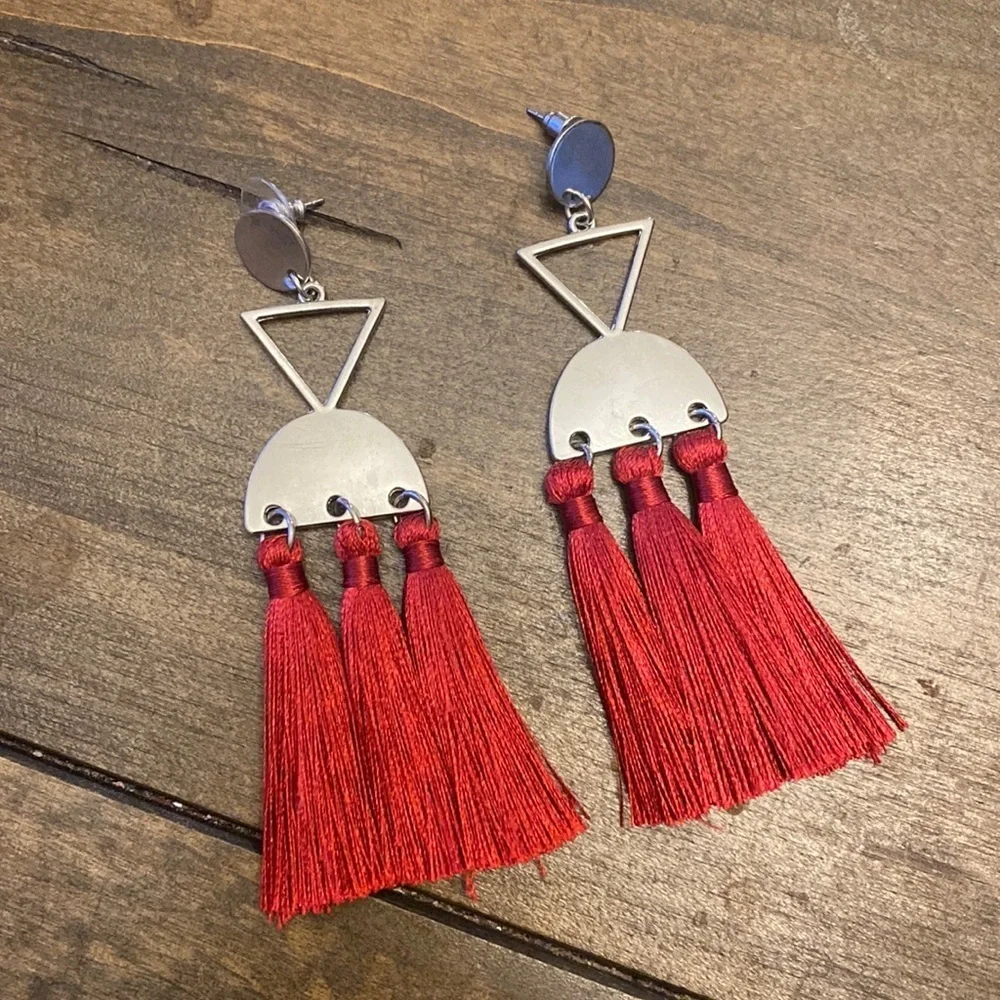 Red tassel earrings silver‎ earrings with triple red tassel dangle earrings